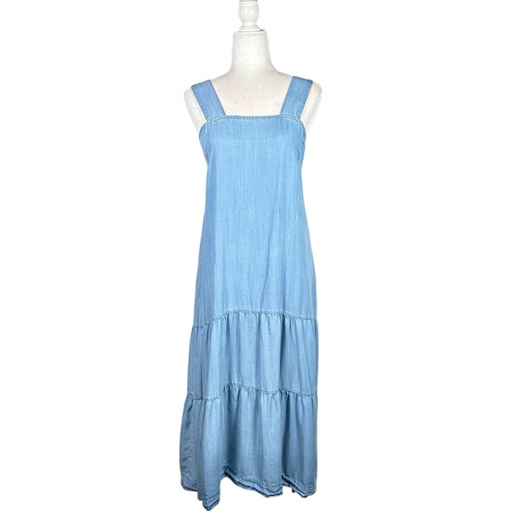 SAKS FIFTH AVENUE Sleeveless Tiered Square Neck Chambray Maxi Dress - Picture 5 of 11